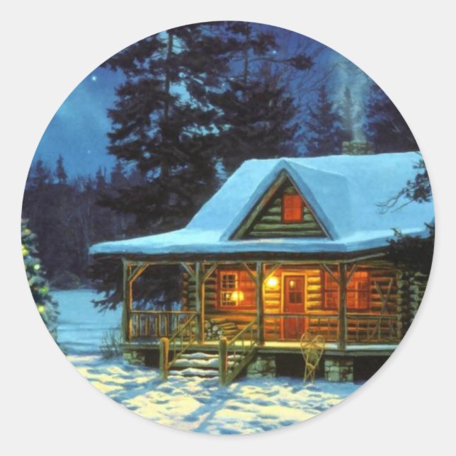 Christmas Winter Cabin Classic Round Sticker (Front)