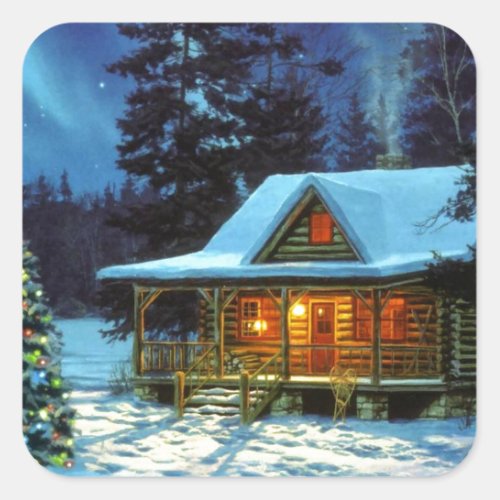 Christmas Winter Cabin Square Sticker