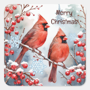 Christmas, Winter Cardinal Red Bird Berries Forest Square Sticker