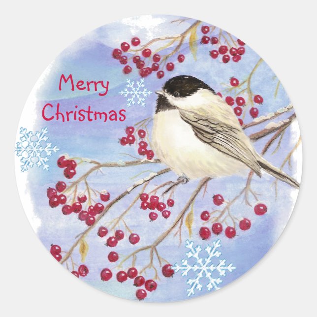 Christmas, Winter Chickadee Bird Classic Round Sticker (Front)