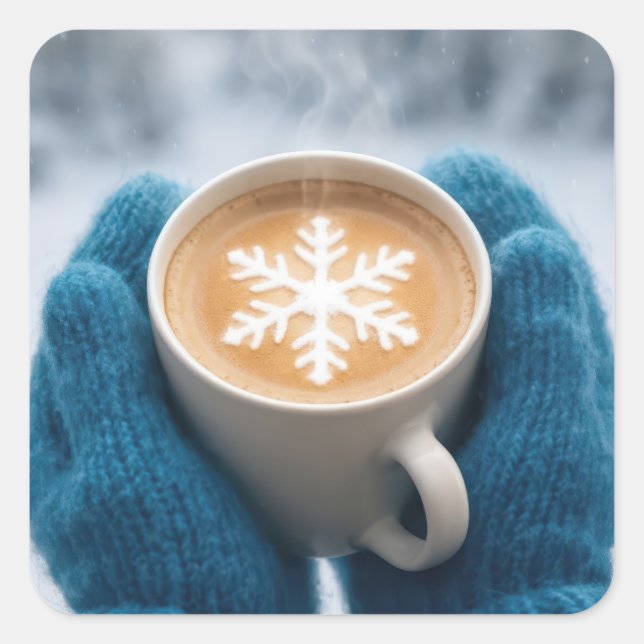 Christmas Winter Coffee With Mittens and Snowflake Square Sticker (Front)