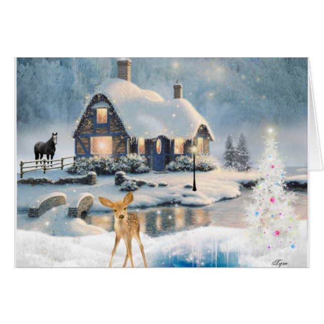 Christmas Winter Cottage Deer Holiday Card (Front Horizontal)
