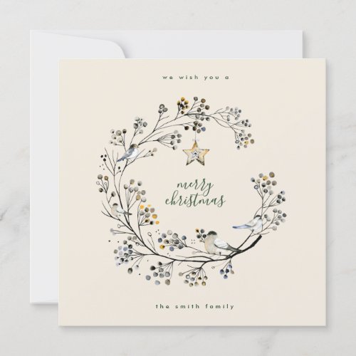 Christmas Winter Cream  Green Wreath  New Year Holiday Card