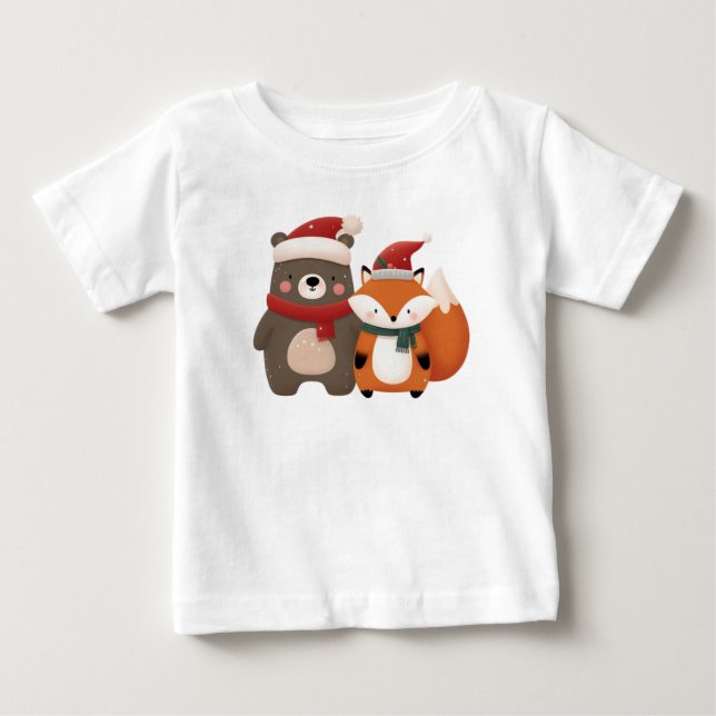 Christmas/Winter Cute Bear & Fox Baby T-Shirt (Front)