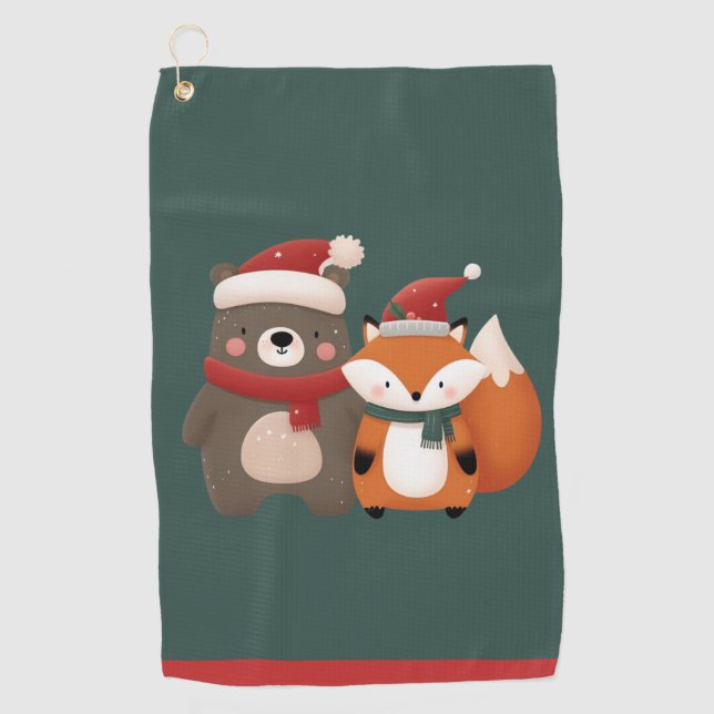 Christmas/Winter Cute Bear & Fox Golf Towel (Front)
