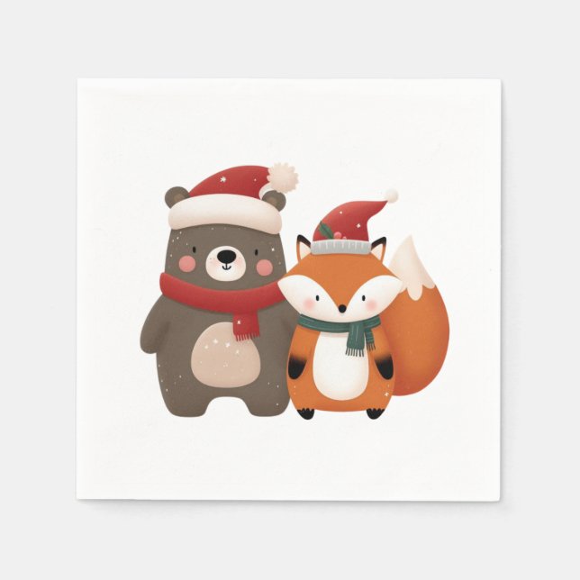 Christmas/Winter Cute Bear & Fox Napkins (Front)