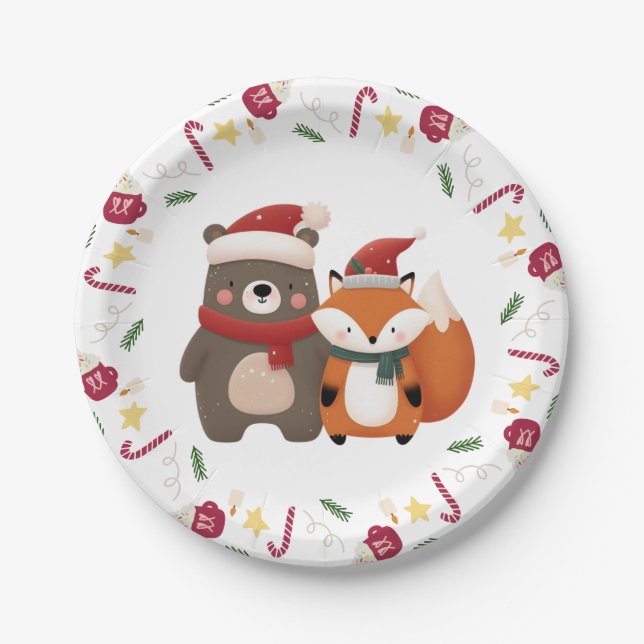 Christmas/Winter Cute Bear & Fox Paper Plates (Front)