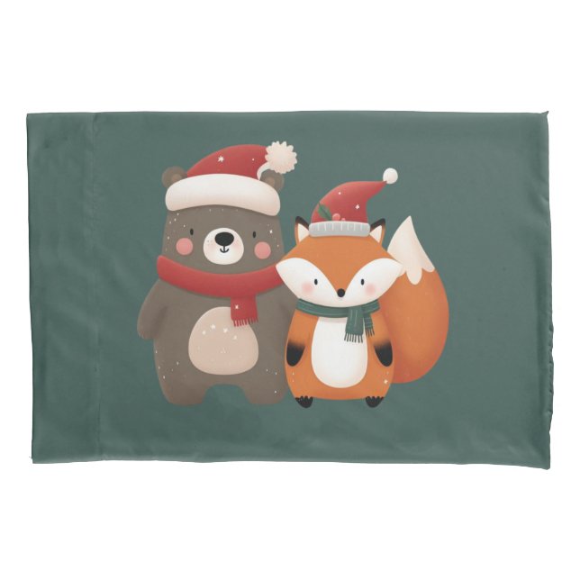 Christmas/Winter Cute Bear & Fox Pillow Case (Front)