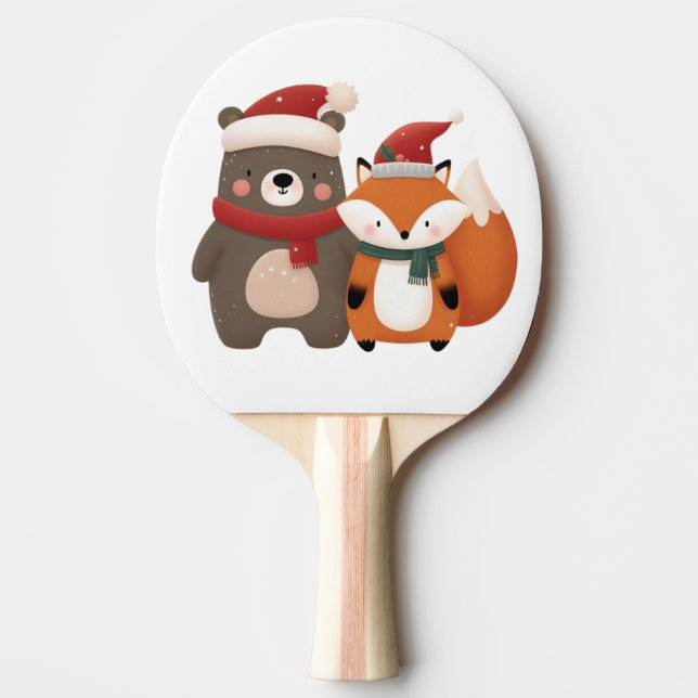 Christmas/Winter Cute Bear & Fox Ping Pong Paddle (Front)