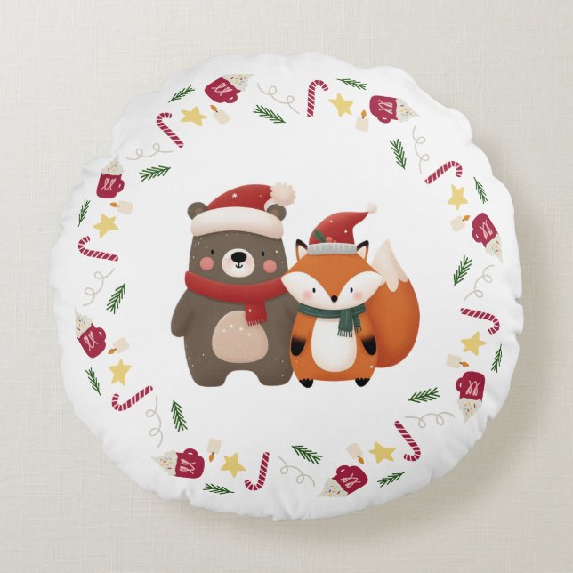 Christmas/Winter Cute Bear & Fox Round Pillow (Front)