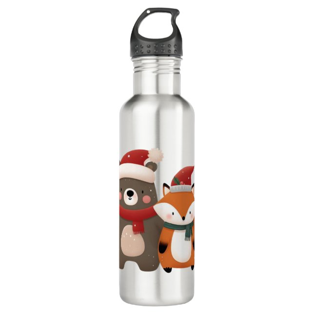 Christmas/Winter Cute Bear & Fox Stainless Steel Water Bottle (Front)