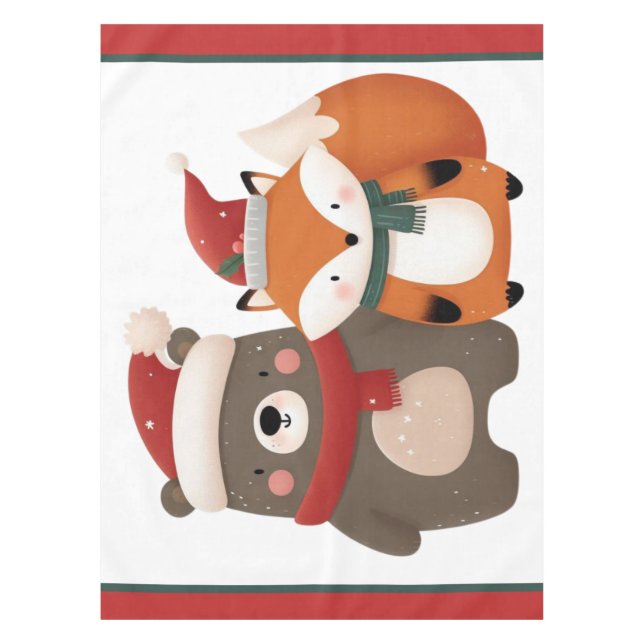 Christmas/Winter Cute Bear & Fox Tablecloth (Front)