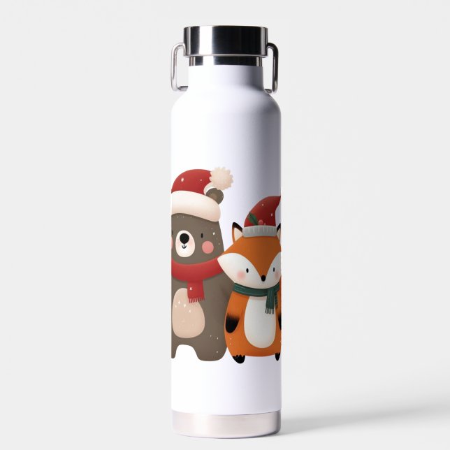 Christmas/Winter Cute Bear & Fox Water Bottle (Front)