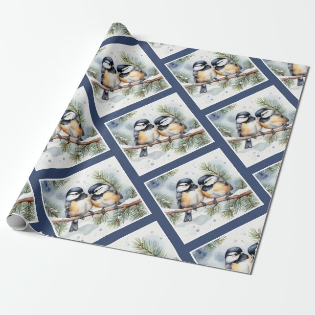 Christmas Winter Cute Chickadee Birds Wrapping Paper (Unrolled)