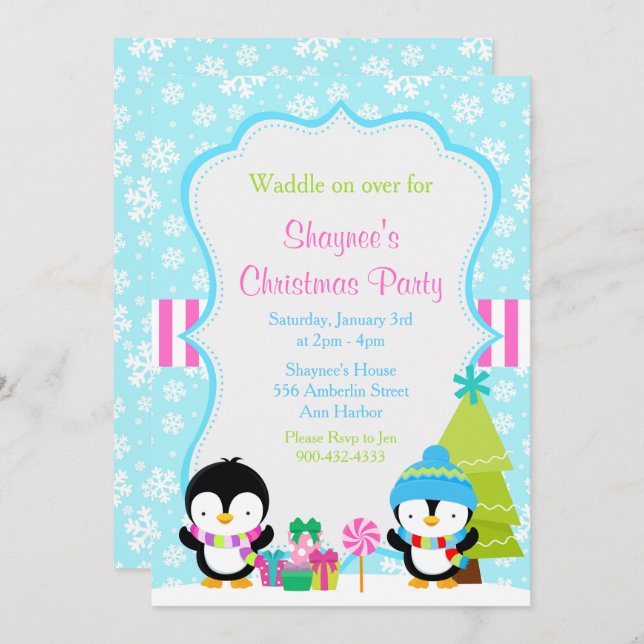 Christmas Winter Cute Penguins Invitation (Front/Back)