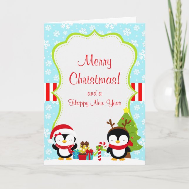 Christmas Winter Cute Penguins Merry Christmas Card (Front)