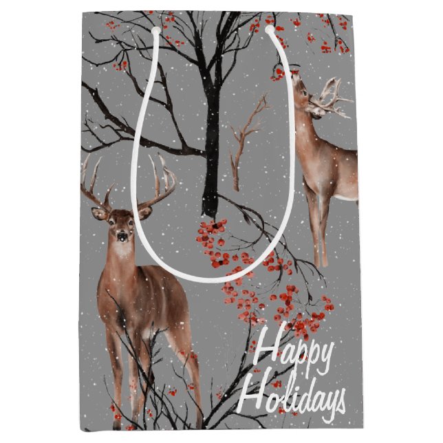 Christmas Winter Deer and Birds  Medium Gift Bag (Front)