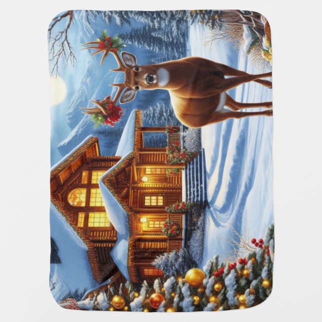 Christmas/Winter Deer Lodge Baby Blanket (Front)