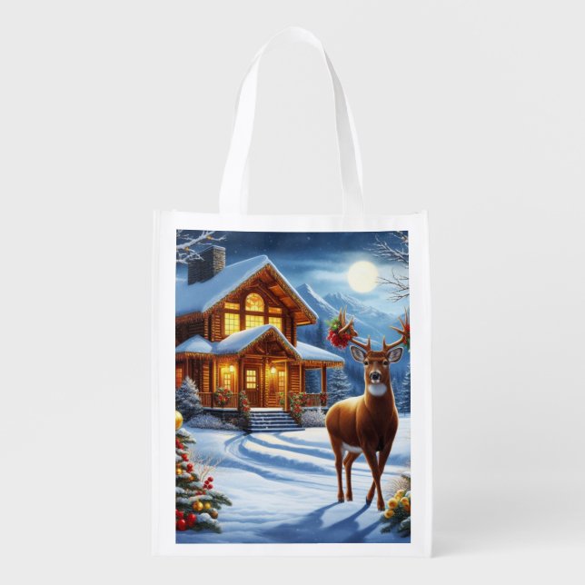 Christmas/Winter Deer Lodge Grocery Bag (Front)