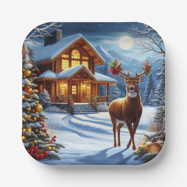 Christmas/Winter Deer Lodge Paper Plates (Front)