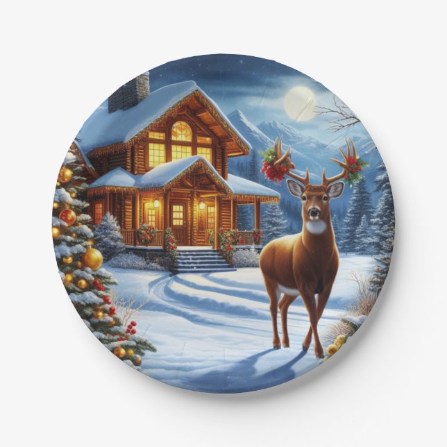 Christmas/Winter Deer Lodge Paper Plates (Front)