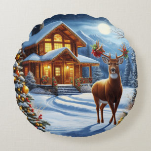 Christmas/Winter Deer Lodge Round Pillow
