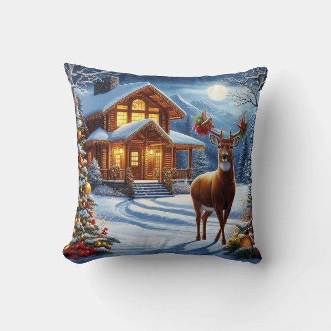 Christmas/Winter Deer Lodge Throw Pillow (Front)