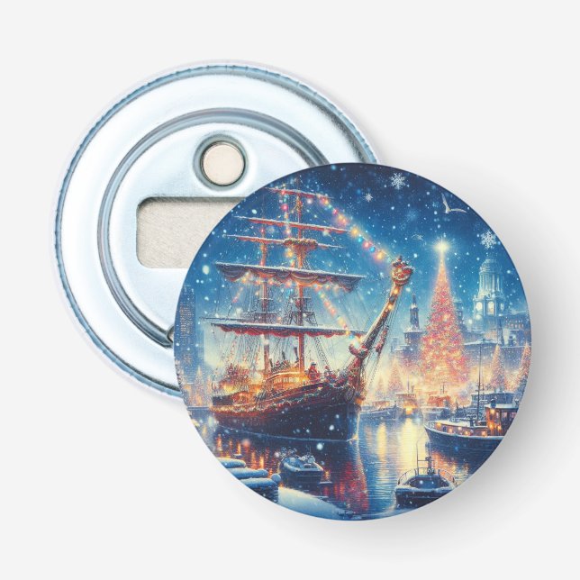 Christmas/Winter docked ship Bottle Opener (Front)