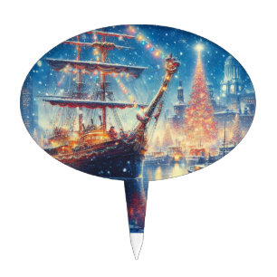 Christmas/Winter docked ship Cake Topper