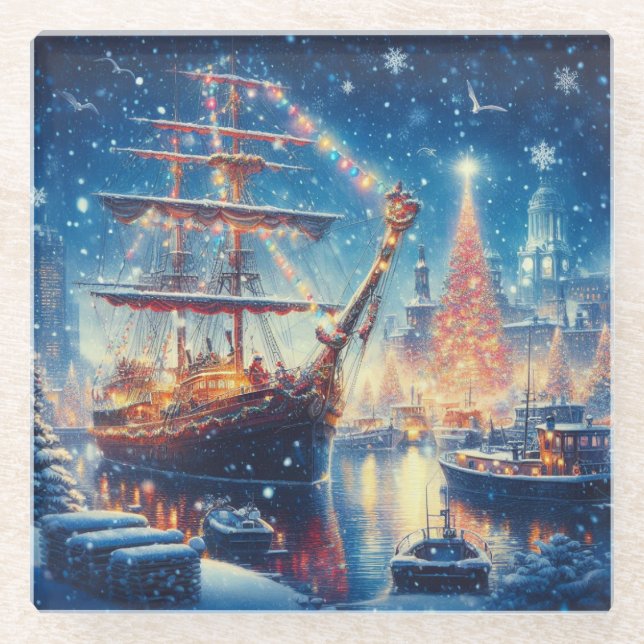 Christmas/Winter docked ship Glass Coaster (Front)