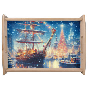 Christmas/Winter docked ship Serving Tray