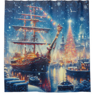 Christmas/Winter docked ship Shower Curtain