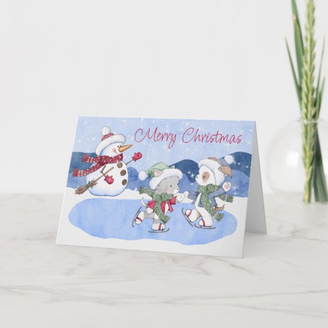 Christmas Winter Dog Cat Snowman Christmas Card (Front)