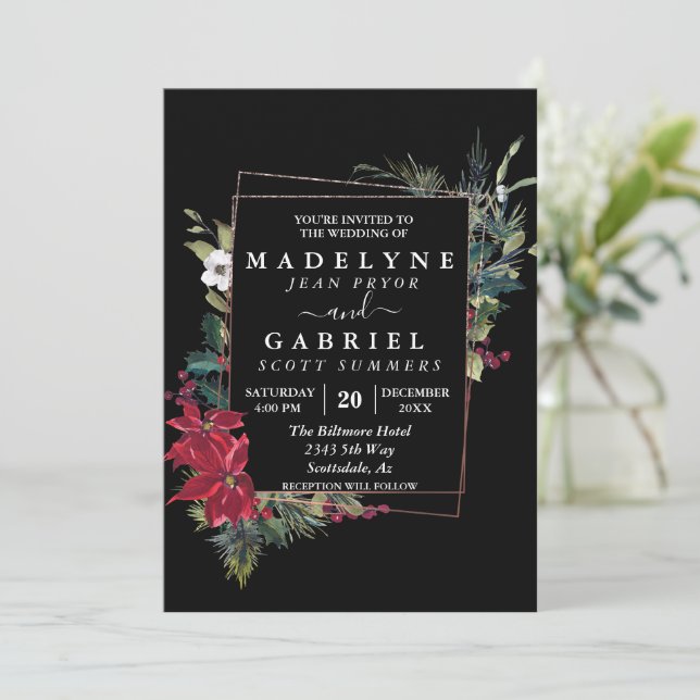 Christmas Winter Elegant Poinsettia Black Wedding  Invitation (Standing Front)
