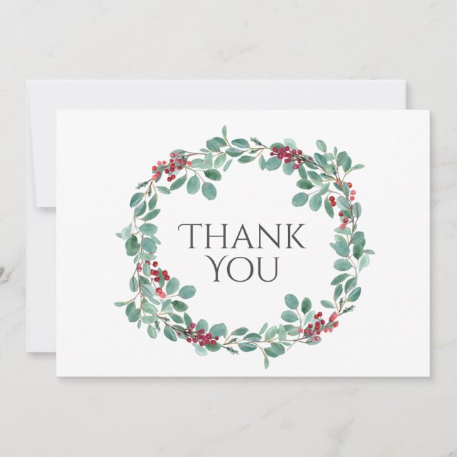 Christmas Winter Eucalyptus Berries Simple Wreath  Thank You Card (Front)