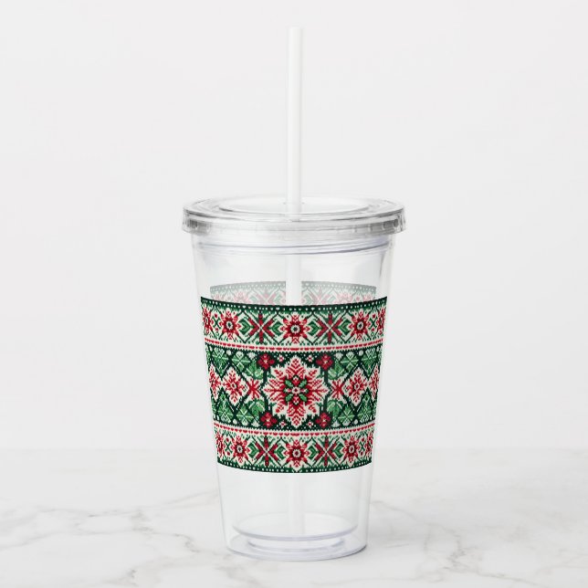 Christmas/Winter fair isle red & green Acrylic Tumbler (Front)