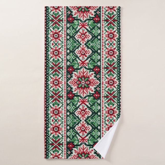 Christmas/Winter fair isle red & green Bath Towel (Bath Towel)