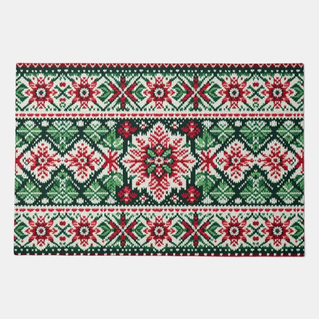 Christmas/Winter fair isle red & green Doormat (Front)