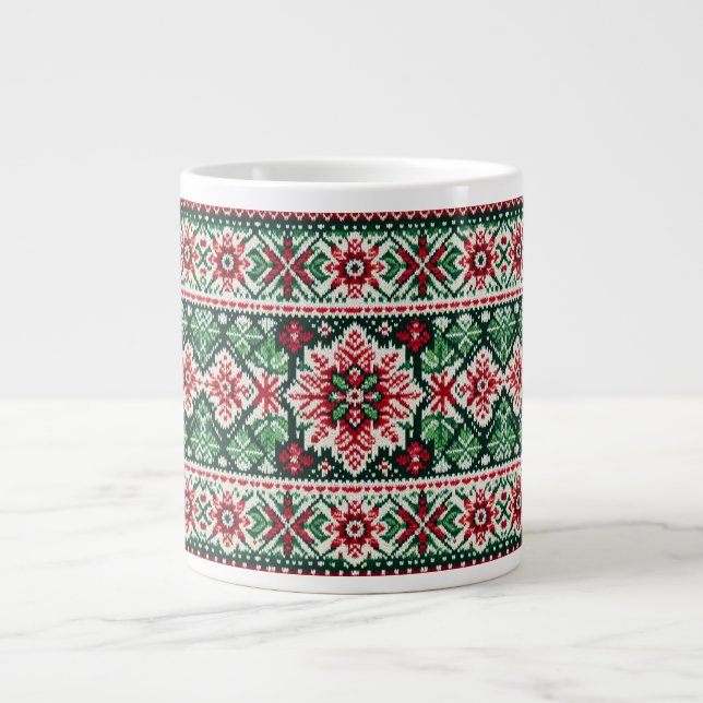 Christmas/Winter fair isle red & green Giant Coffee Mug (Front)