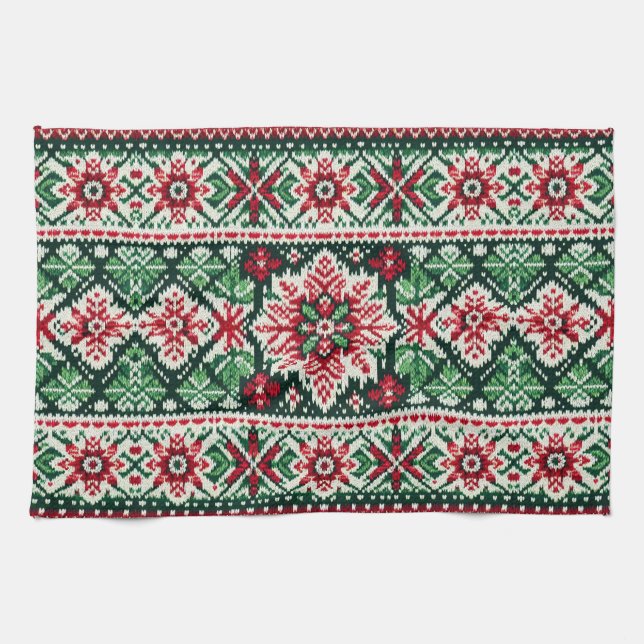 Christmas/Winter fair isle red & green Kitchen Towel (Horizontal)