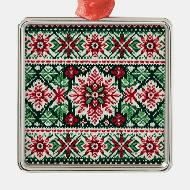 Christmas/Winter fair isle red & green Metal Ornament (Front)