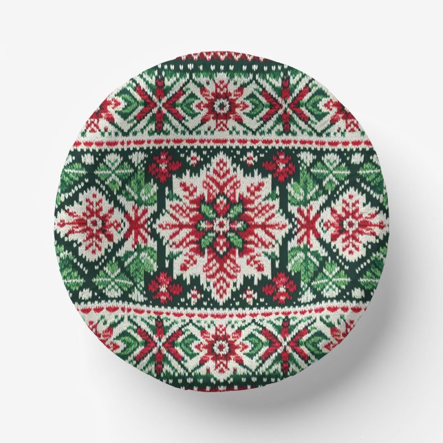 Christmas/Winter fair isle red & green Paper Bowls (Front)