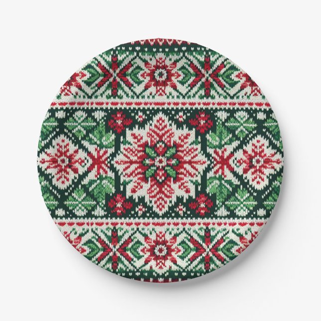 Christmas/Winter fair isle red & green Paper Plates (Front)