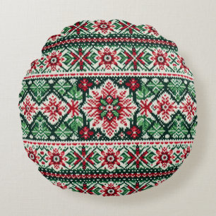 Christmas/Winter fair isle red & green Round Pillow