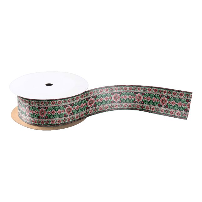 Christmas/Winter fair isle red & green Satin Ribbon (Spool)
