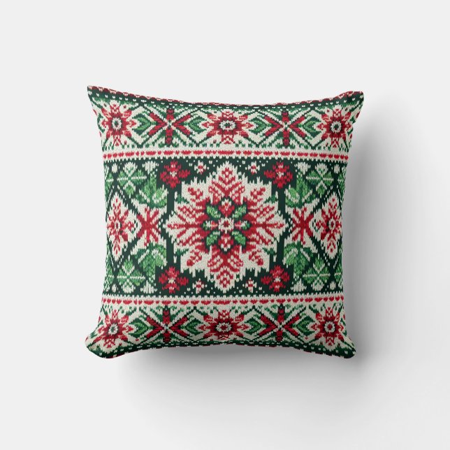 Christmas/Winter fair isle red & green Throw Pillow (Front)