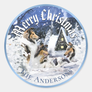 Christmas Winter Fairy Tale, Collies and Lambs - Classic Round Sticker