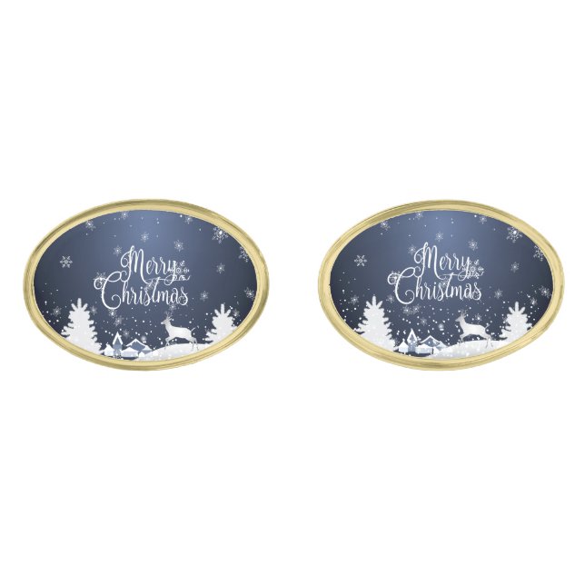 Christmas Winter Fairy Tale Fantasy Snowy Reindeer Cufflinks (Front)