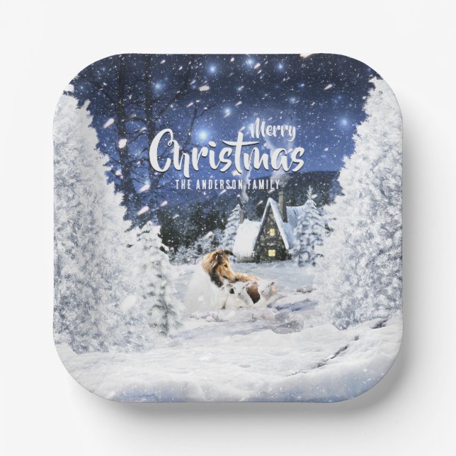 Christmas Winter Fairy Tale, Sable Collie Dog - Paper Plates (Front)