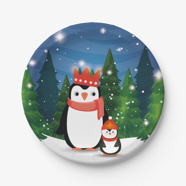 Christmas Winter Festive Family Penguin Party Paper Plates (Front)